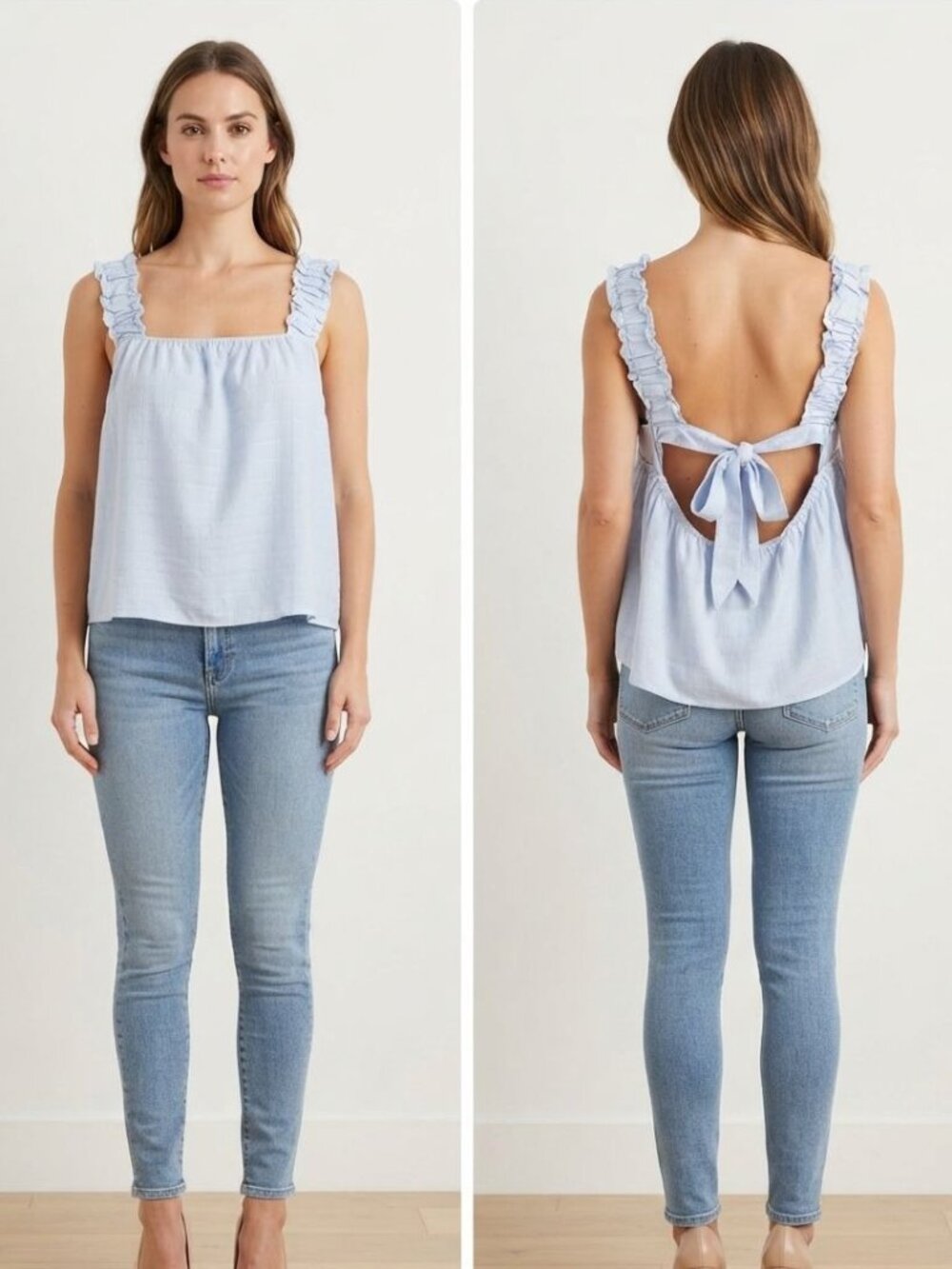 A.Calin by Flying Tomato Light Blue Ruffle Tie-Back Tank Top Large